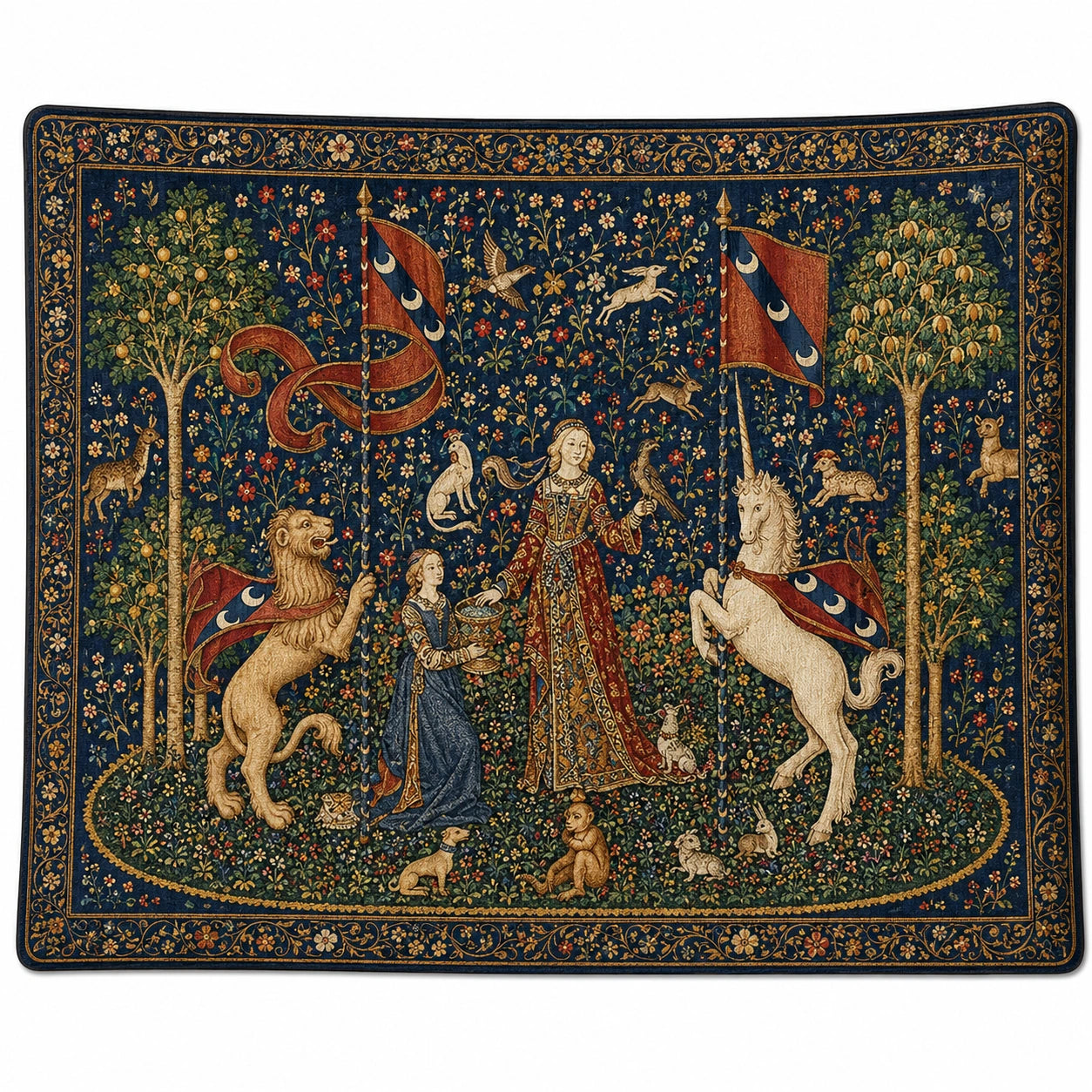 Tapisserie Murale Médiévale Licorne et Lion Bleu Multicolore 150x100cm