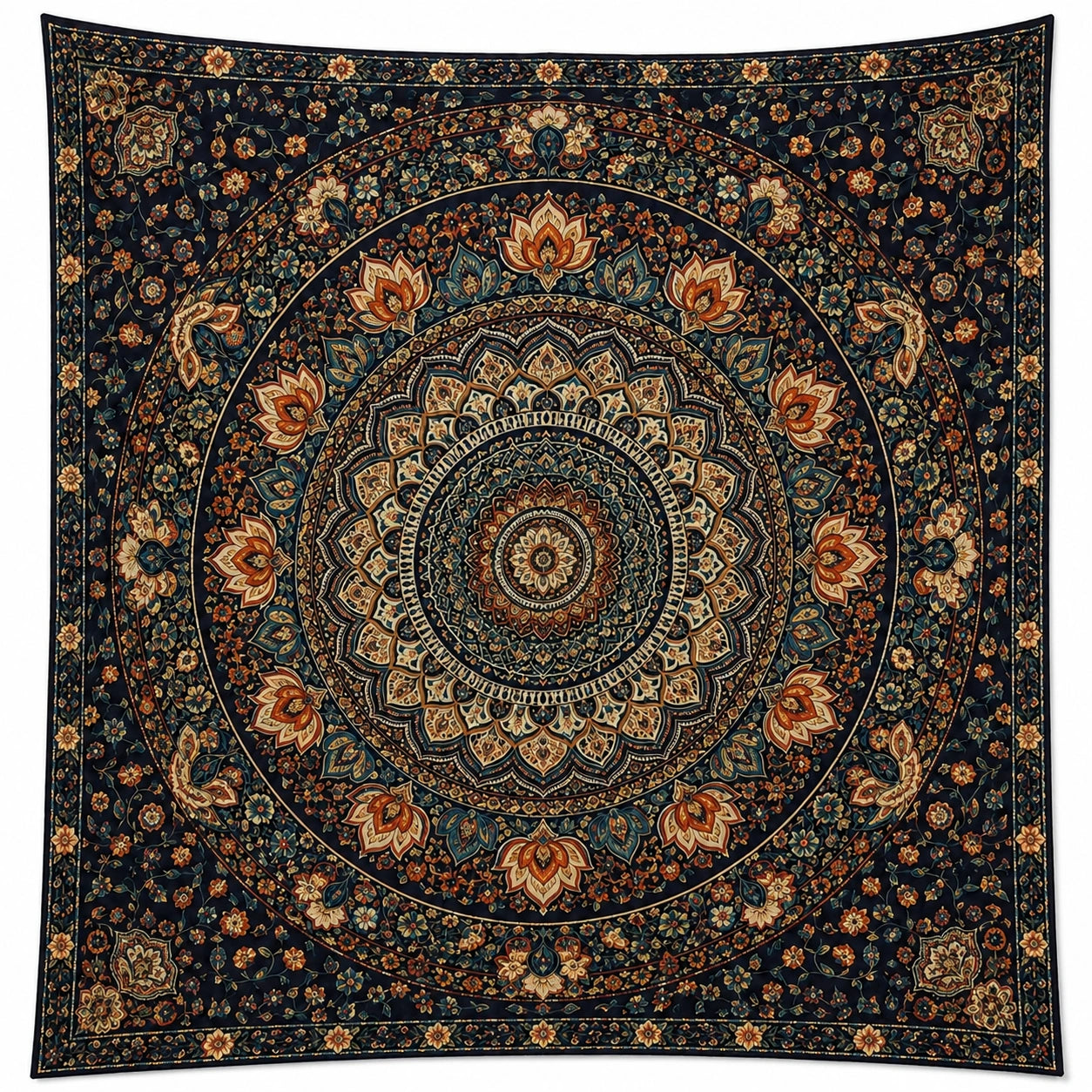Tenture Murale Mandala Ethnique Noir et Orange 200x200 cm