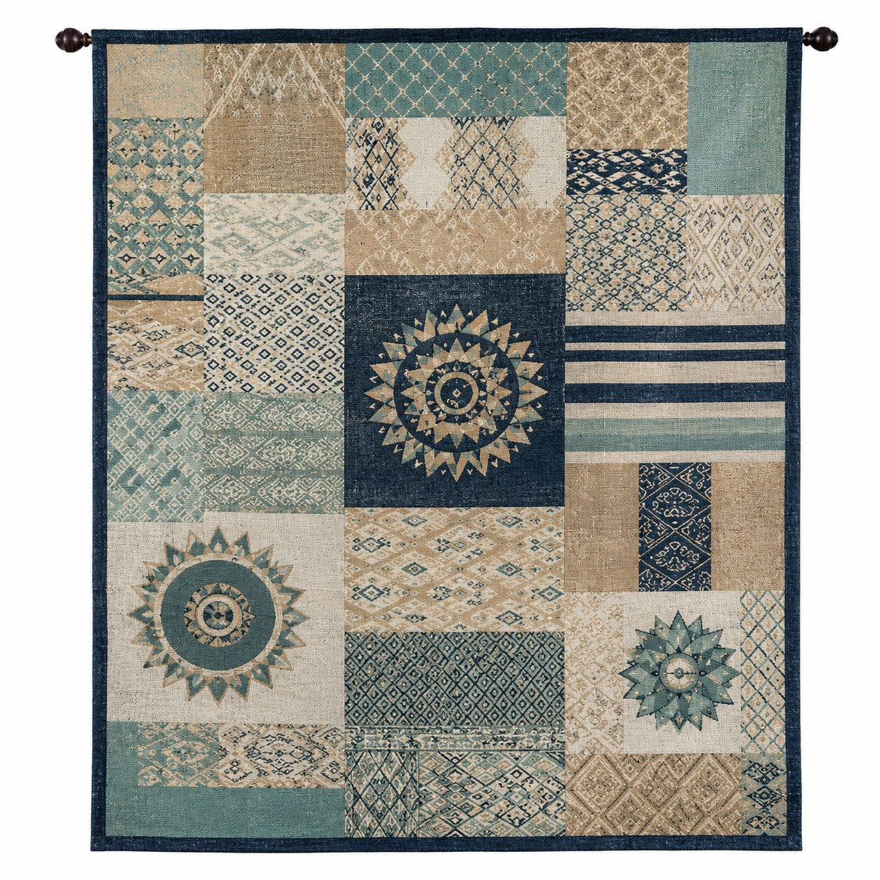 Tenture murale patchwork géométrique bleu et beige 140x160 cm