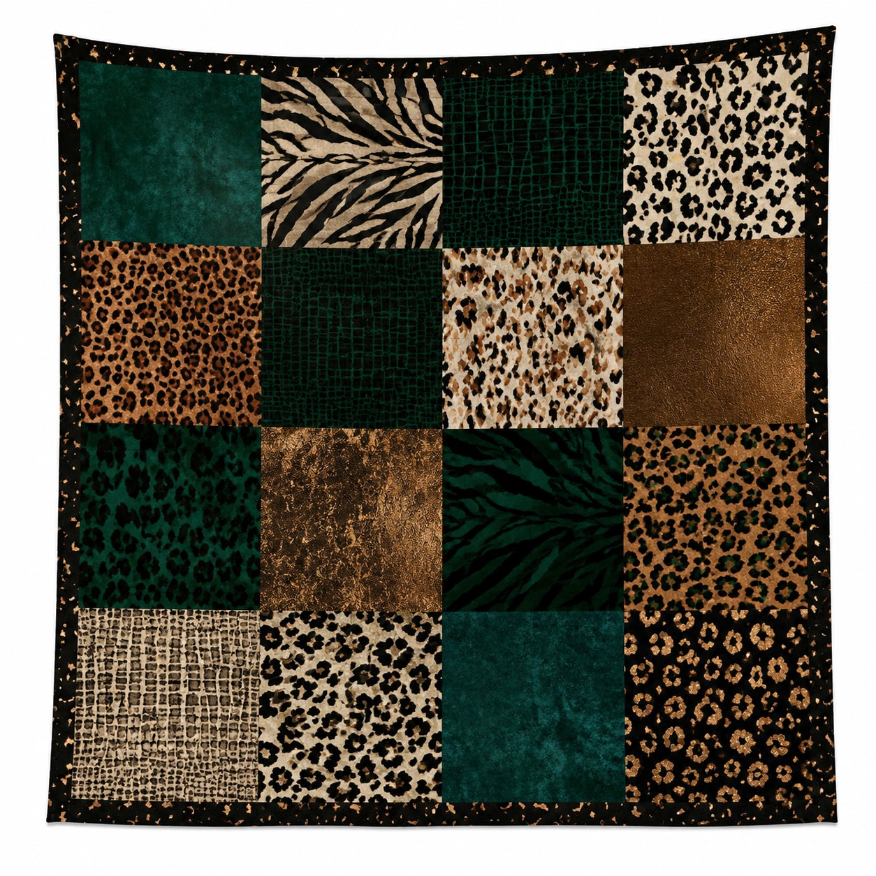 Plaid décoratif patchwork motif animalier vert et brun