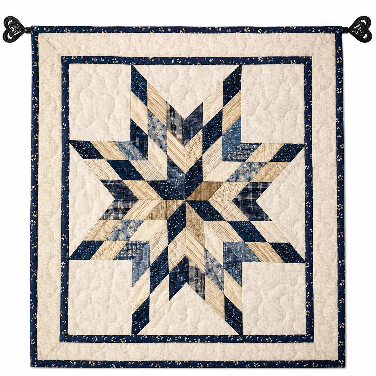 Tapisserie Murale Étoilée Patchwork 80x80cm Beige et Bleu