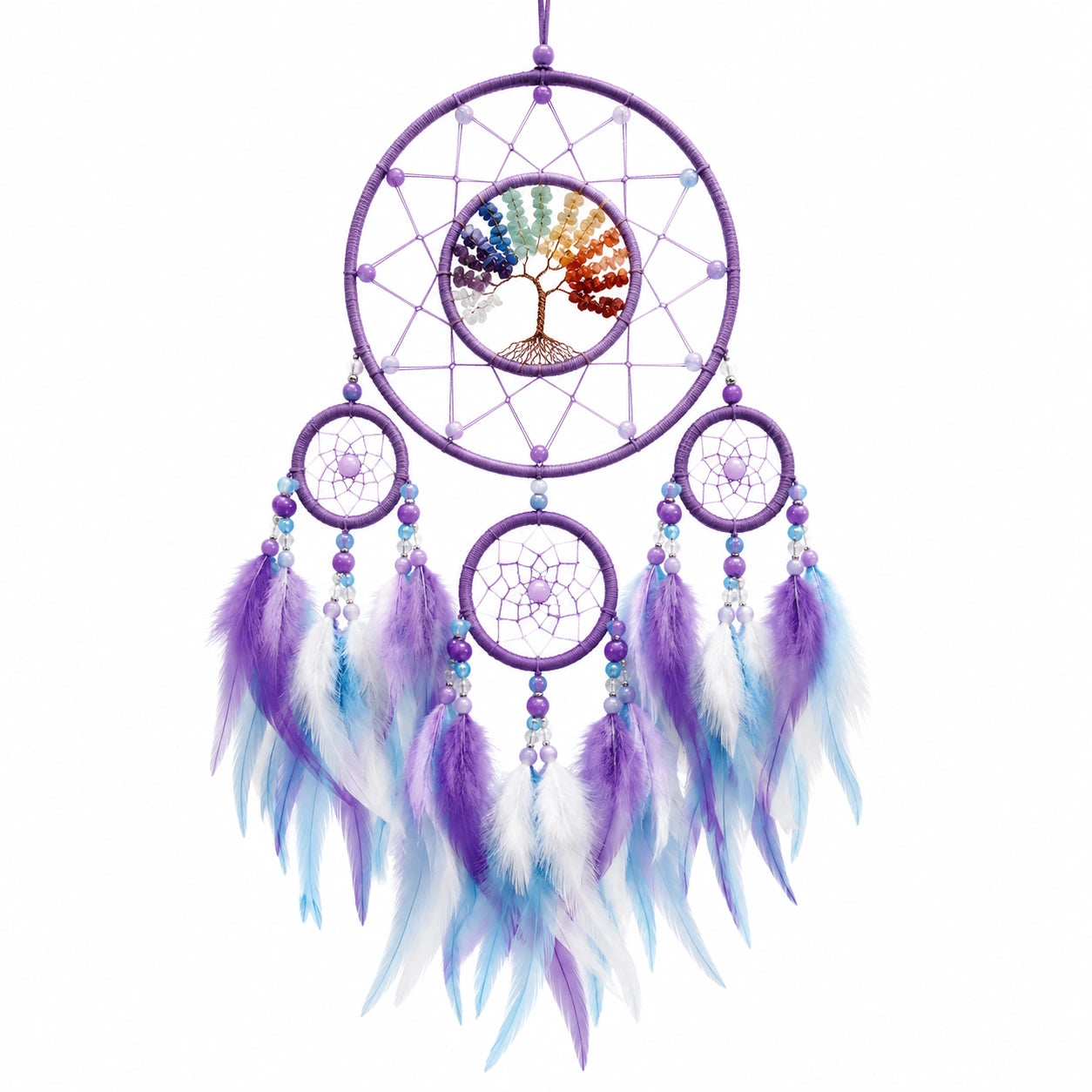 Attrape-rêves Arbre de Vie avec Plumes Multicolores Violet/Bleu/Blanc