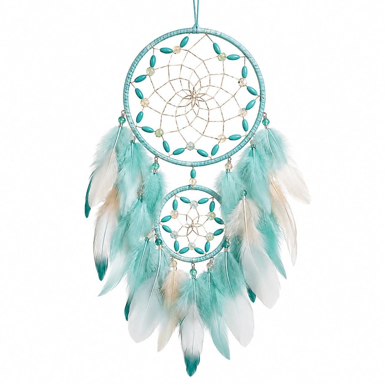 Attrape-rêves turquoise et blanc avec plumes décoratives