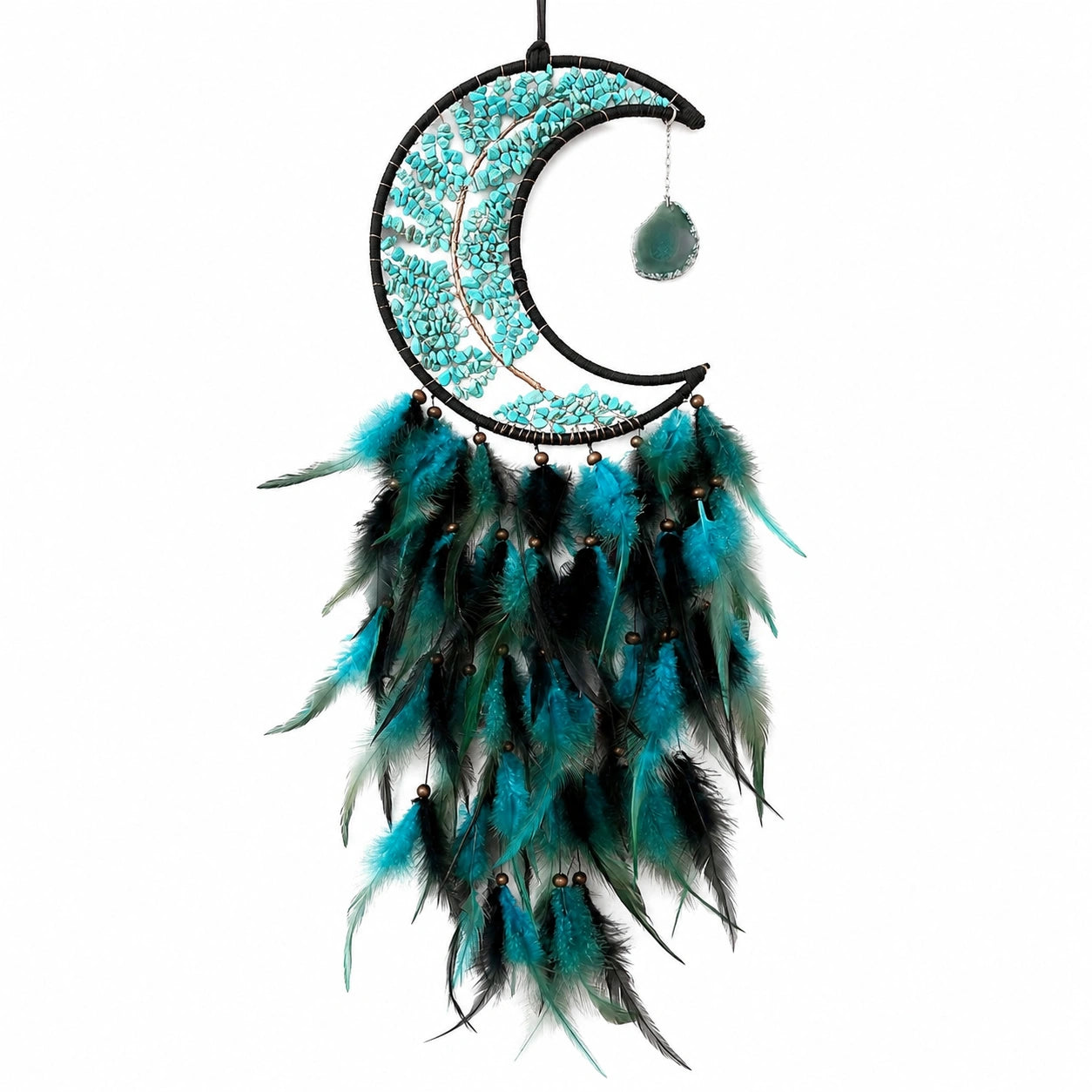 Attrape-rêves croissant de lune turquoise avec plumes