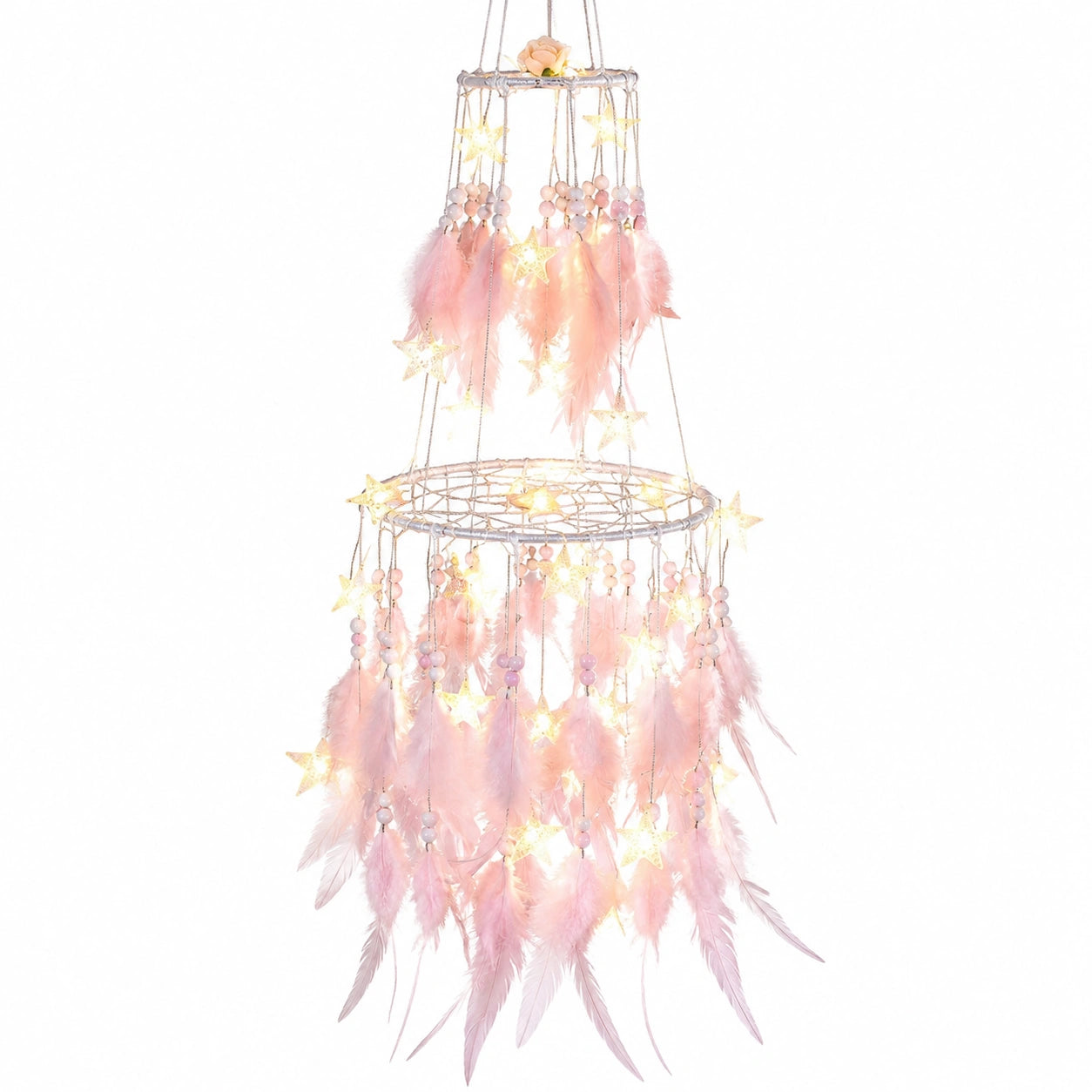 Suspension Lumineuse avec Plumes Roses et Étoiles LED