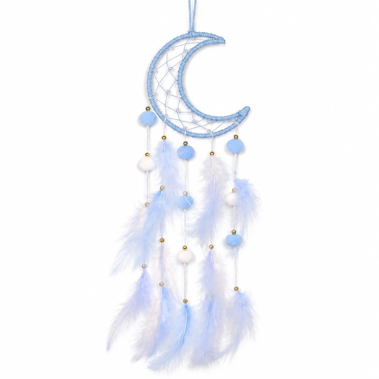 Attrape-rêves Lune avec Plumes Bleu Ciel et Blanc