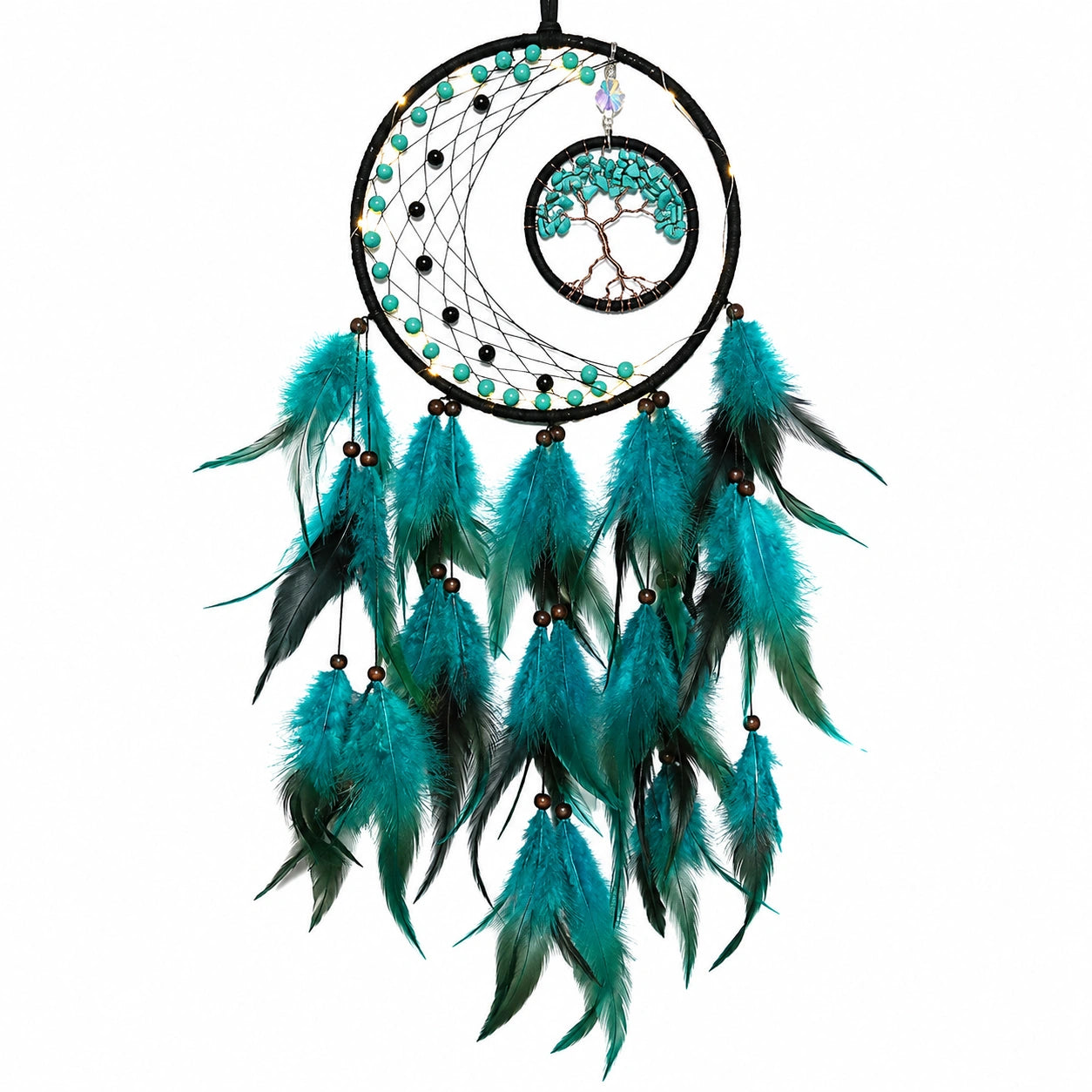 Attrape-rêves mural avec plumes turquoise et arbre de vie