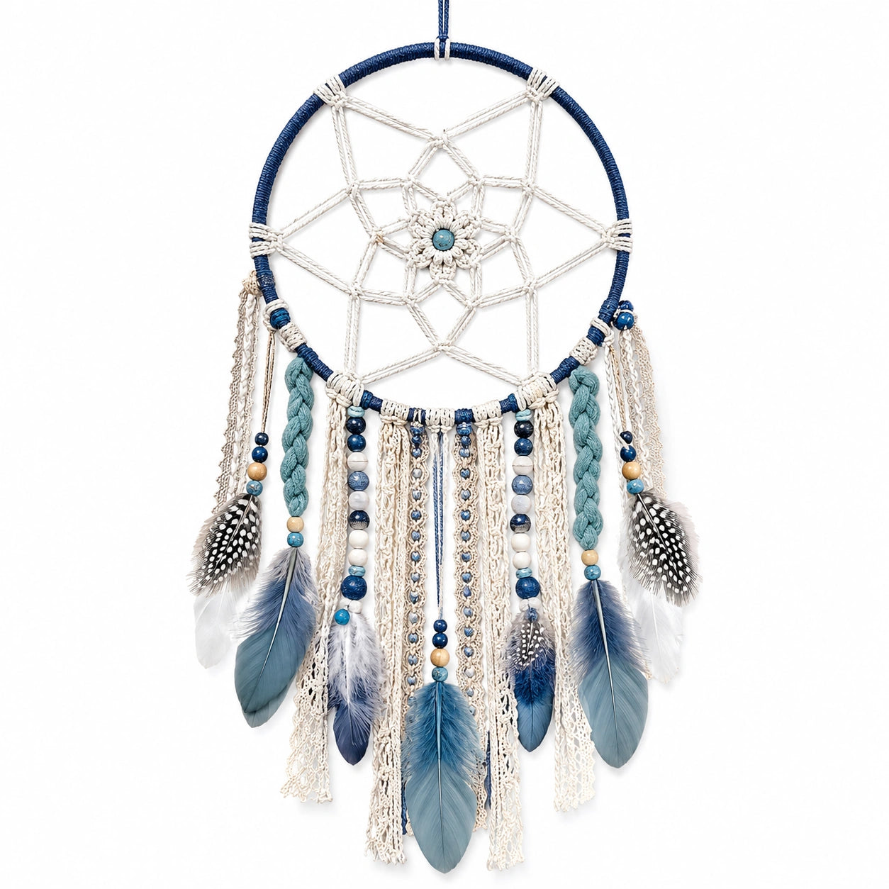 Attrape-rêves bohème plumes et perles bleu blanc