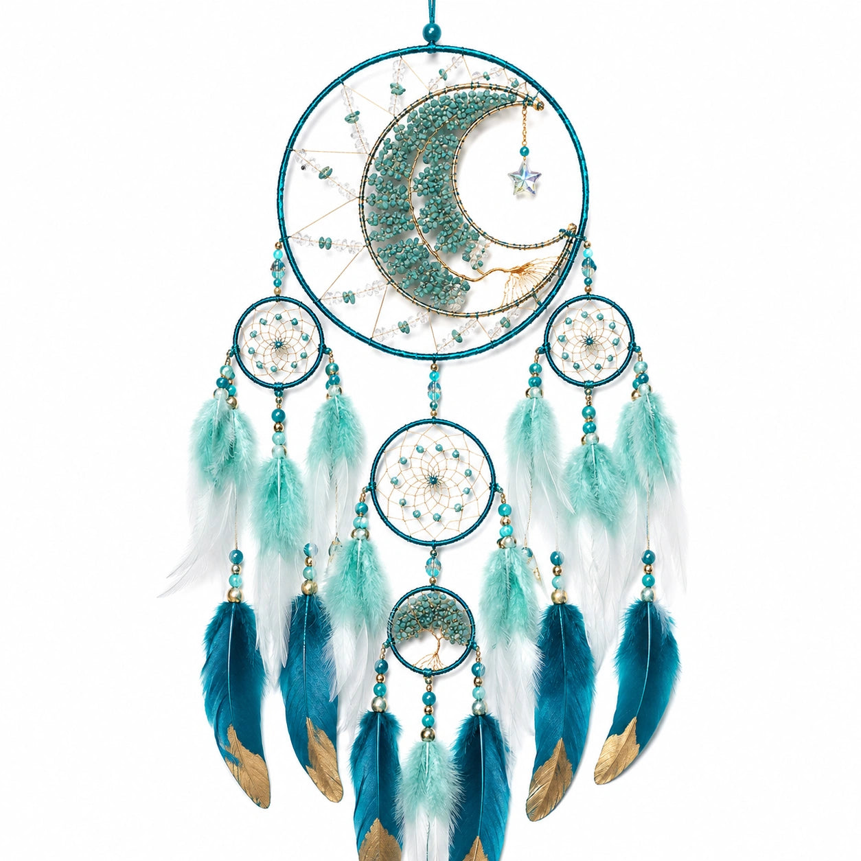 Attrape-rêves avec Plumes Turquoises et Design Lunaire