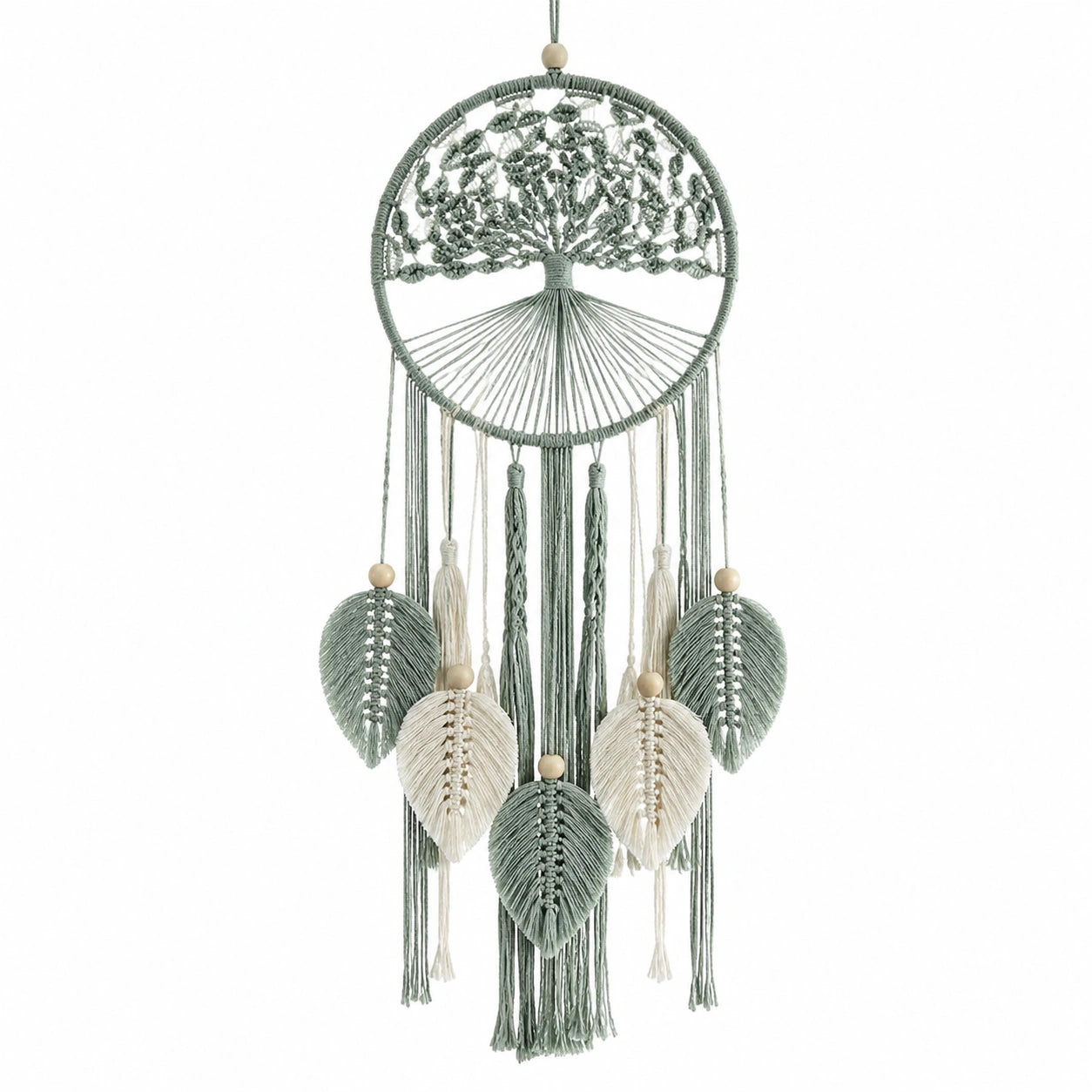 Attrape-Rêves en Macramé avec Feuilles Vertes et Blanches