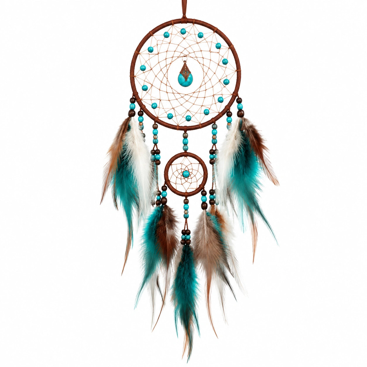 Attrape-rêves avec plumes turquoise et marron