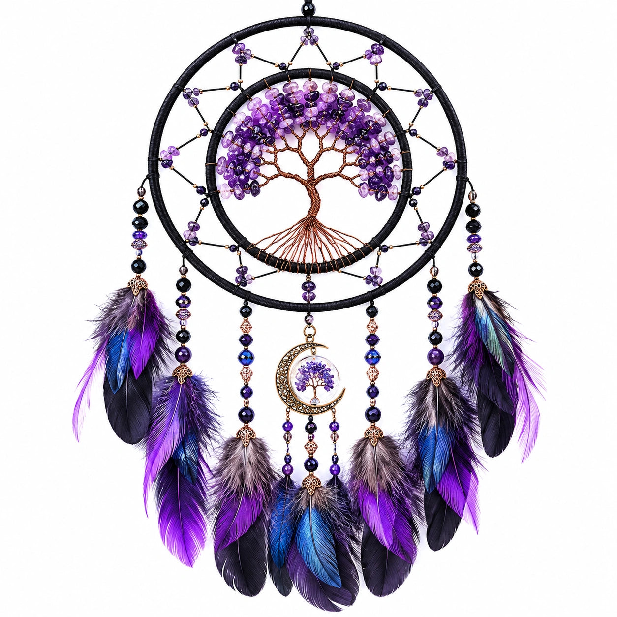 Attrape-rêves arbre de vie perles et plumes violettes