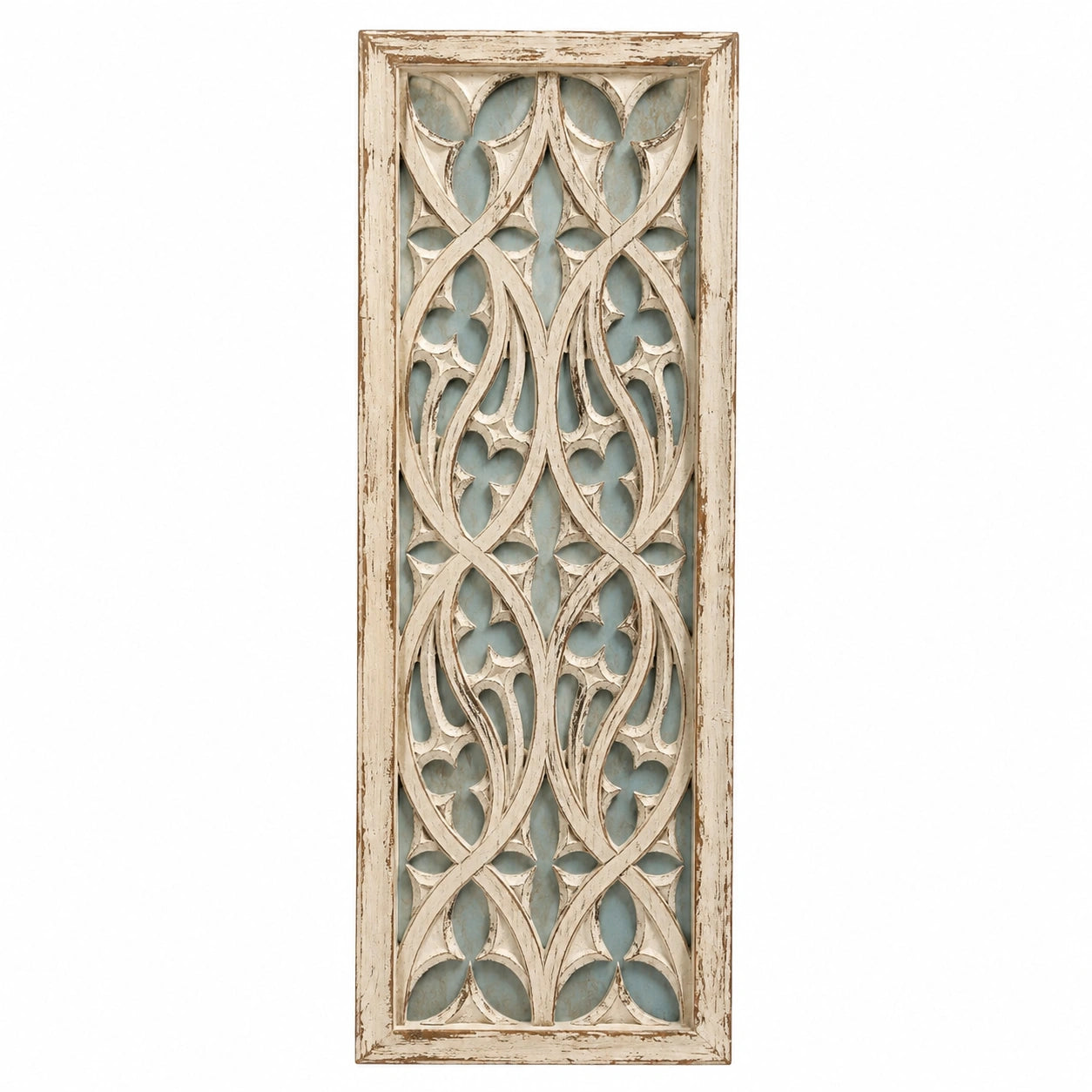 Panneau mural décoratif en bois sculpté crème et bleu vintage