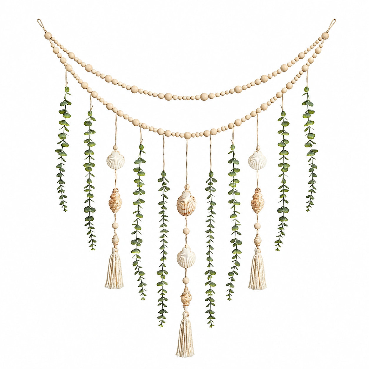 Guirlande murale bohème perles et coquillages avec feuilles vertes