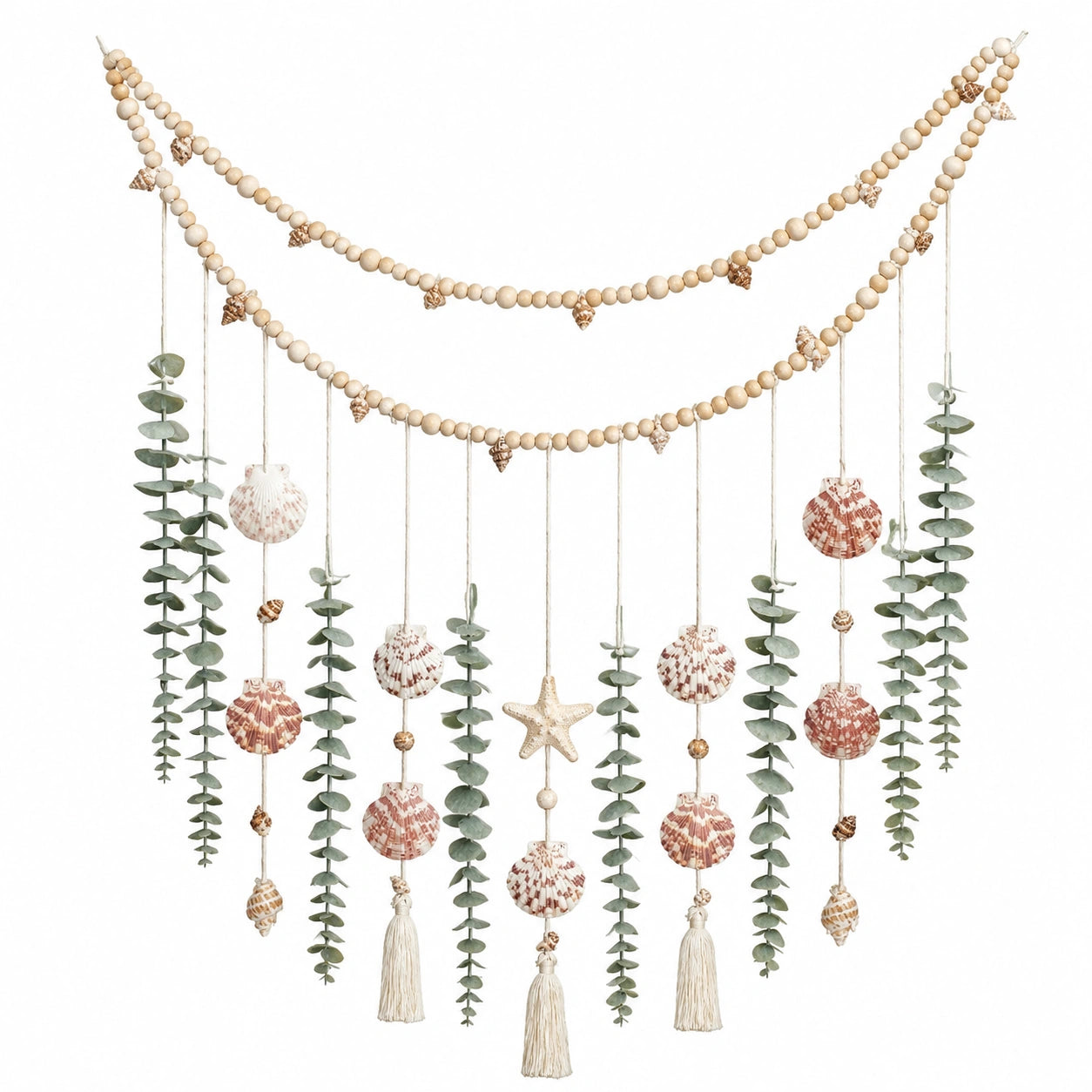 Guirlande Murale Décorative Coquillages et Bois Beige Vert