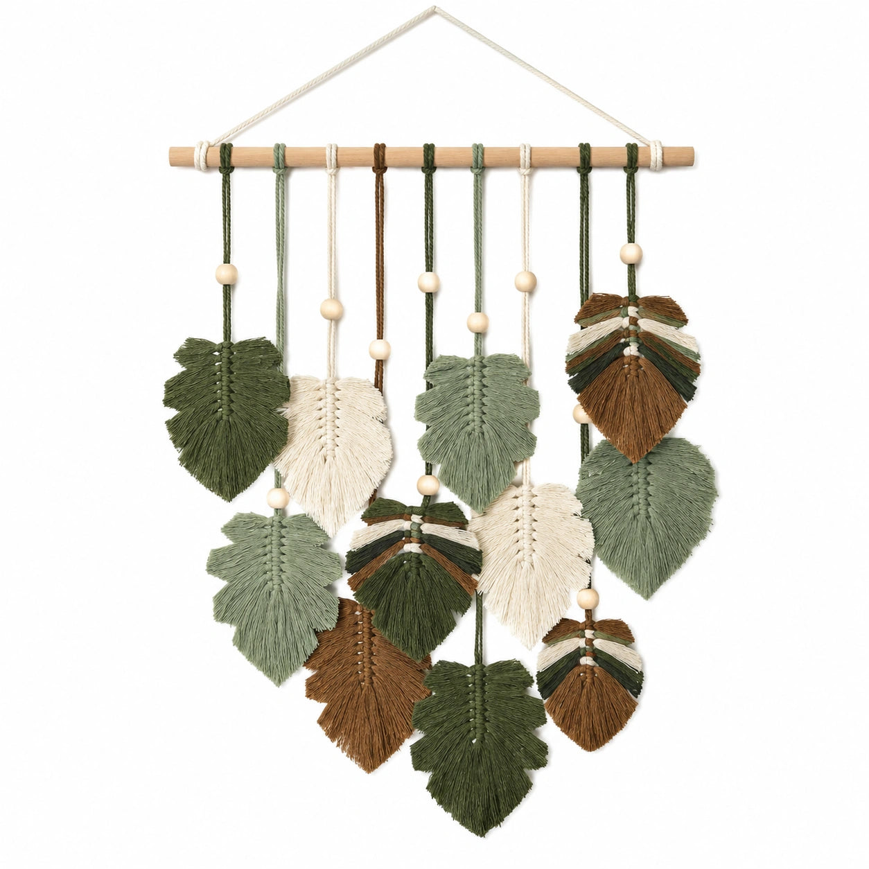 Décoration Murale Macramé Feuilles en Vert, Beige et Brun