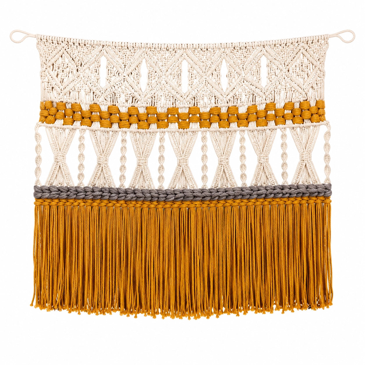 Tenture murale macramé bohème crème, jaune et gris