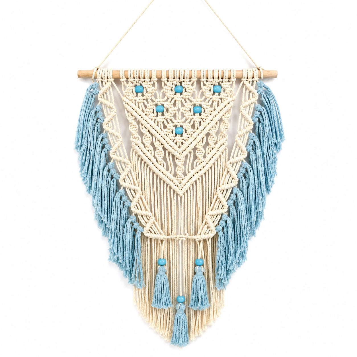 Décoration murale macramé bohème géométrique crème et bleu
