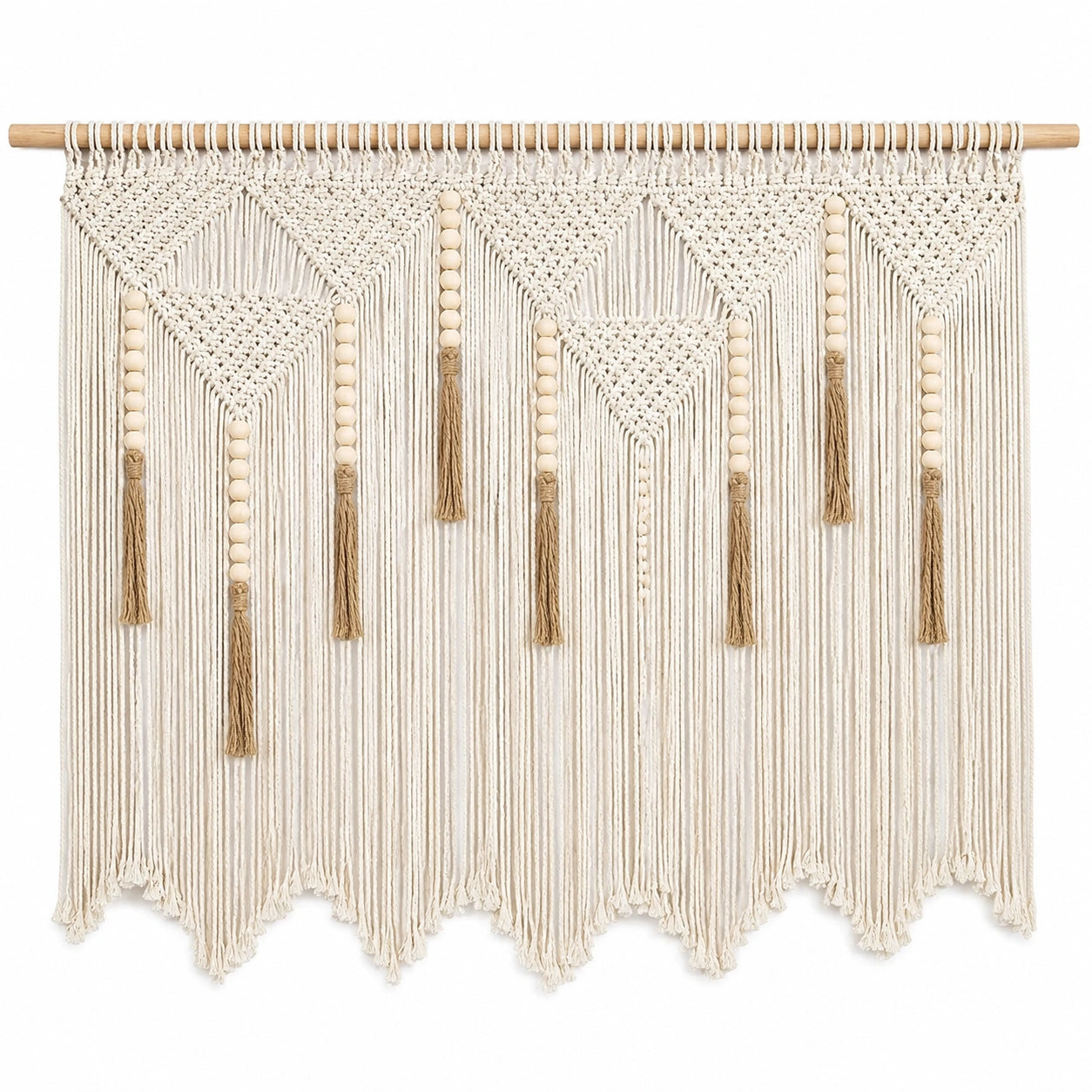 Décoration murale en macramé bohème 150x130 cm blanc et bois