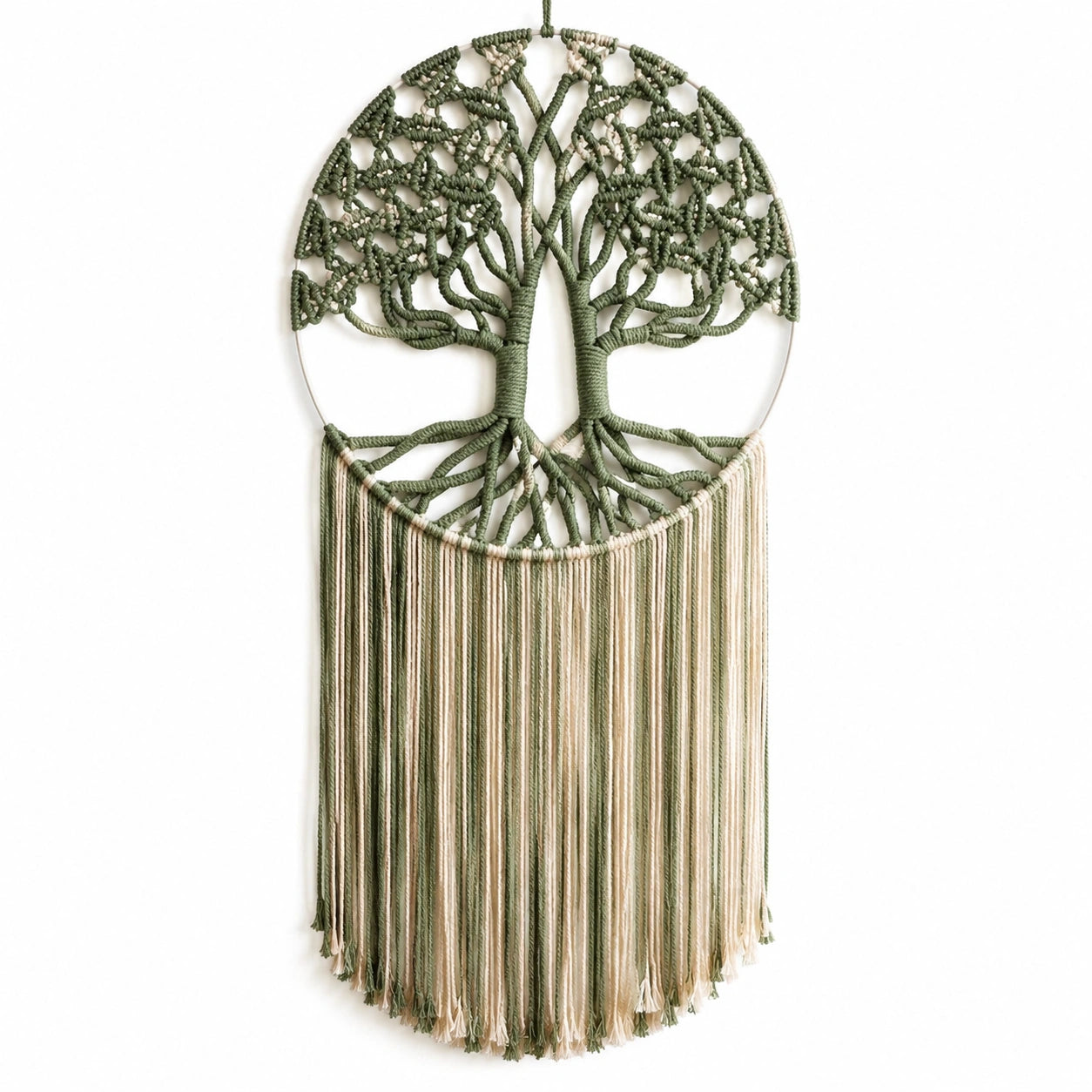 Décoration murale macramé arbre de vie vert et beige 60x30 cm