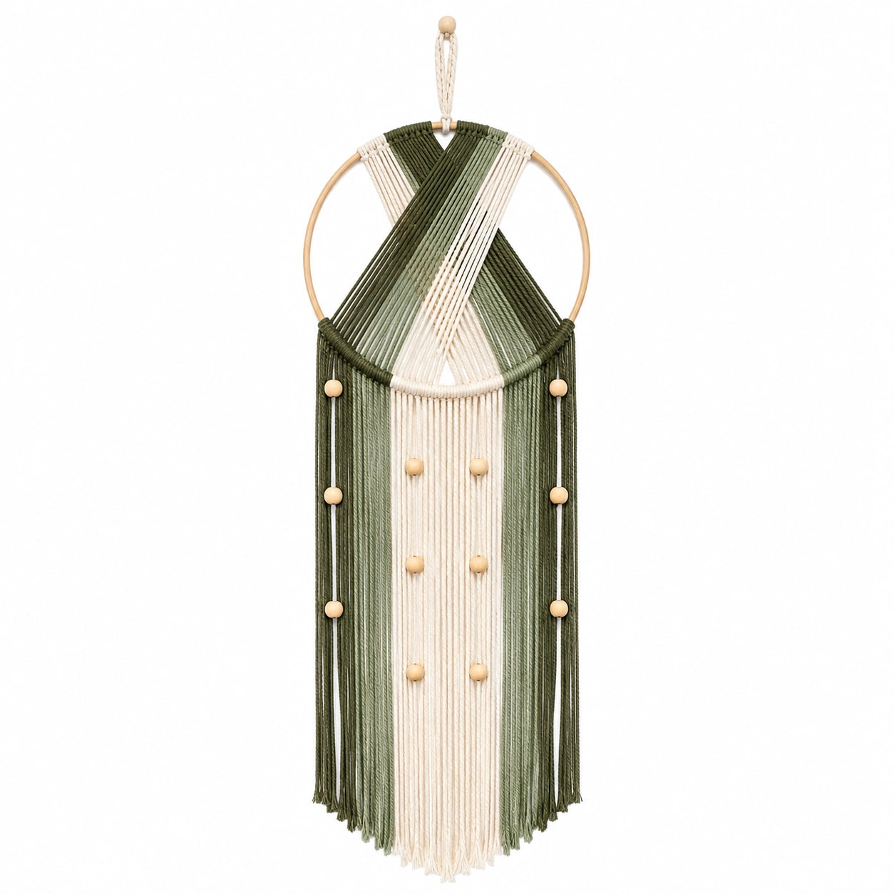 Suspension murale en macramé vert et beige avec perles en bois
