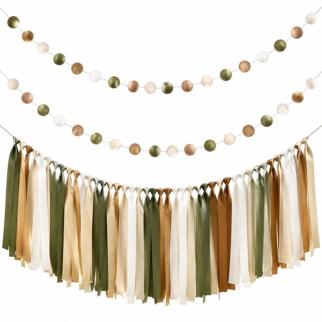 Guirlande Décorative Pompons et Rubans Beige/Vert/Marron